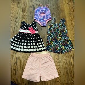 Colorful Girls 4T Summer Clothing Set—Dress, Romper, Bathing Suit, Shorts